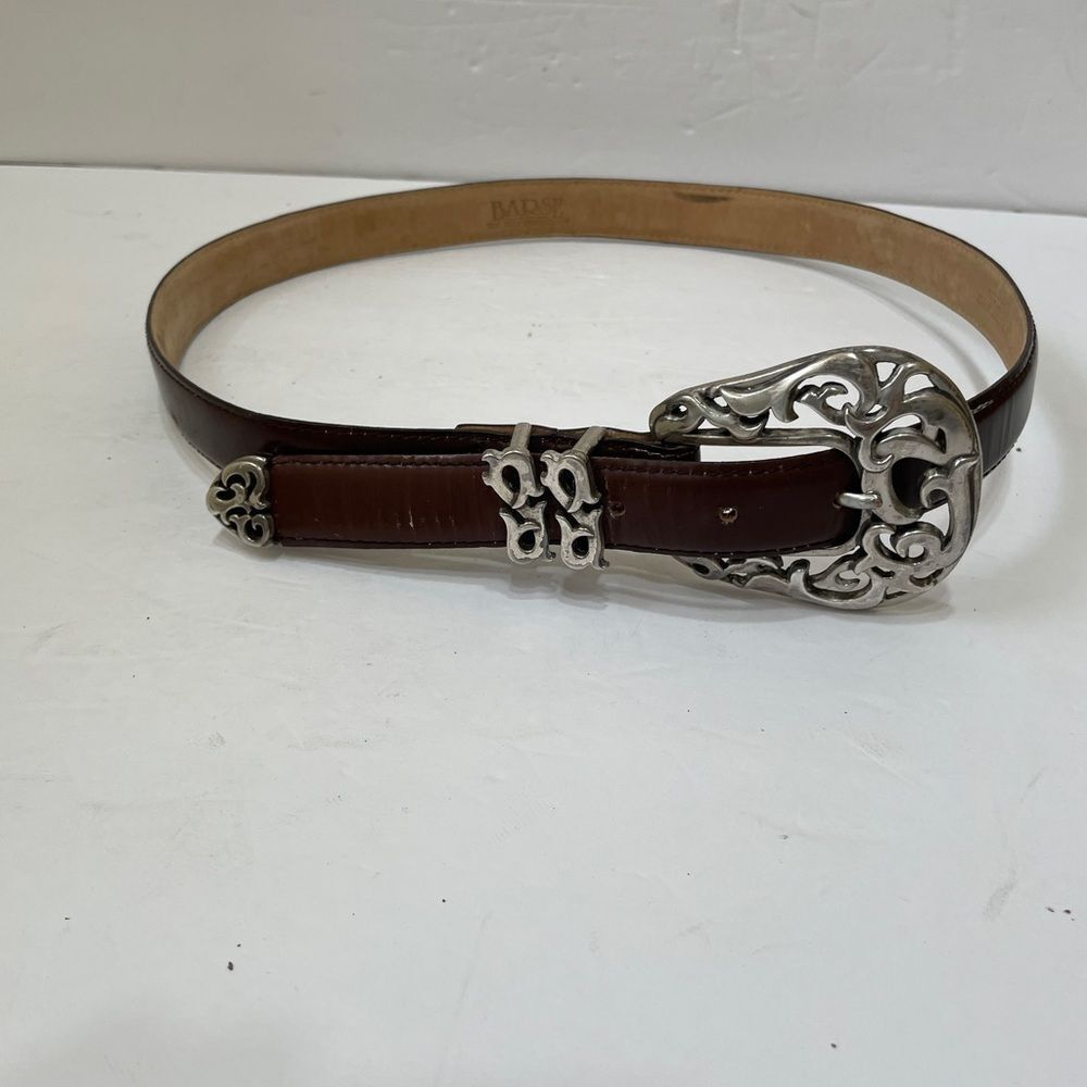 BARSE SANTA ROSE BROWN‎ LEATHER BELT WITH ORNATE SILVER BUCKLE